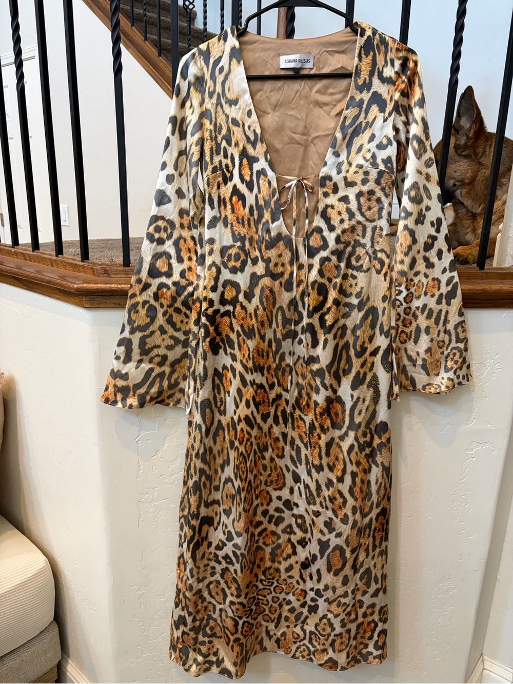 Adriana Iglesias Leopard Print V-Neck silk Midi Dress
